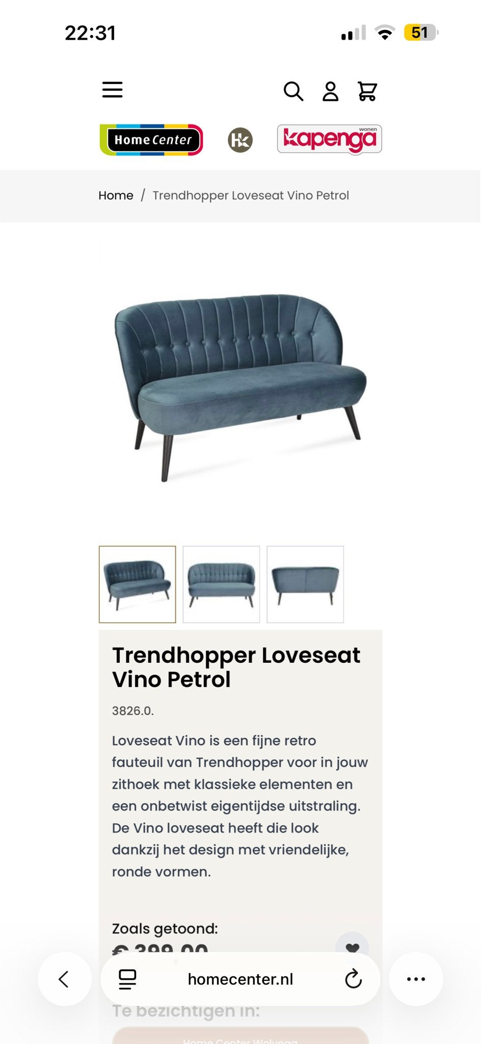 NIEUW! Trendhopper Vino Loveseat Petrol blauw 2-zits bankje, Huis en Inrichting, Ophalen, 150 tot 200 cm, 75 tot 100 cm, Rechte bank