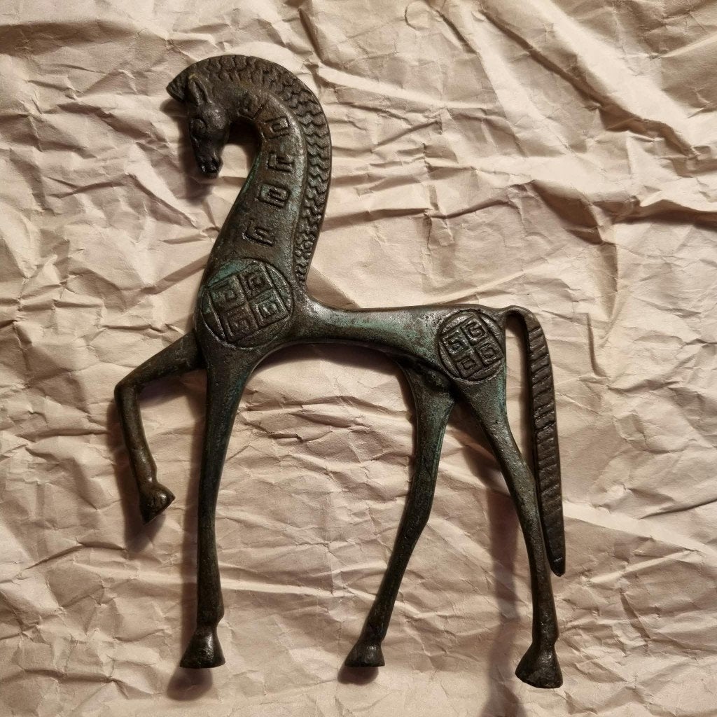 Grieks bronzen paardje afmeting Wxdxh = 11x0,8x15cm, Ophalen, Brons