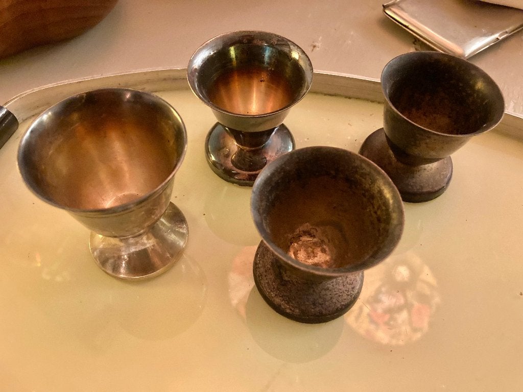4x Vintage brocante antieke verzilverde eierdopjes gemerkt, Antiek en Kunst, Ophalen of Verzenden, Zilver