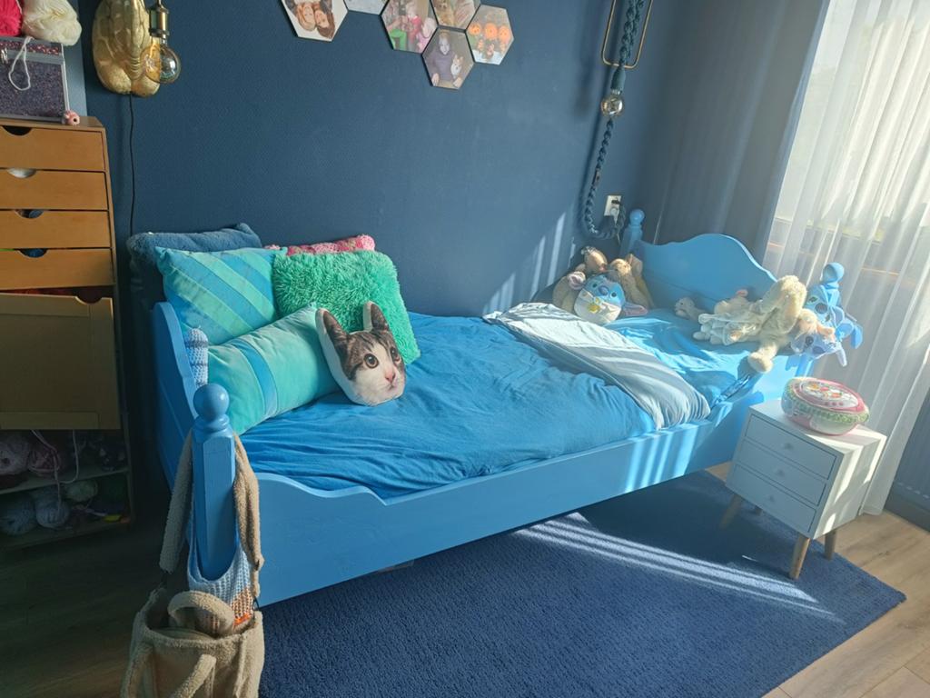 Eenpersoonsbed blauw 90x200 met lattenbodem, Ophalen, Gebruikt, 90 cm, Eenpersoons