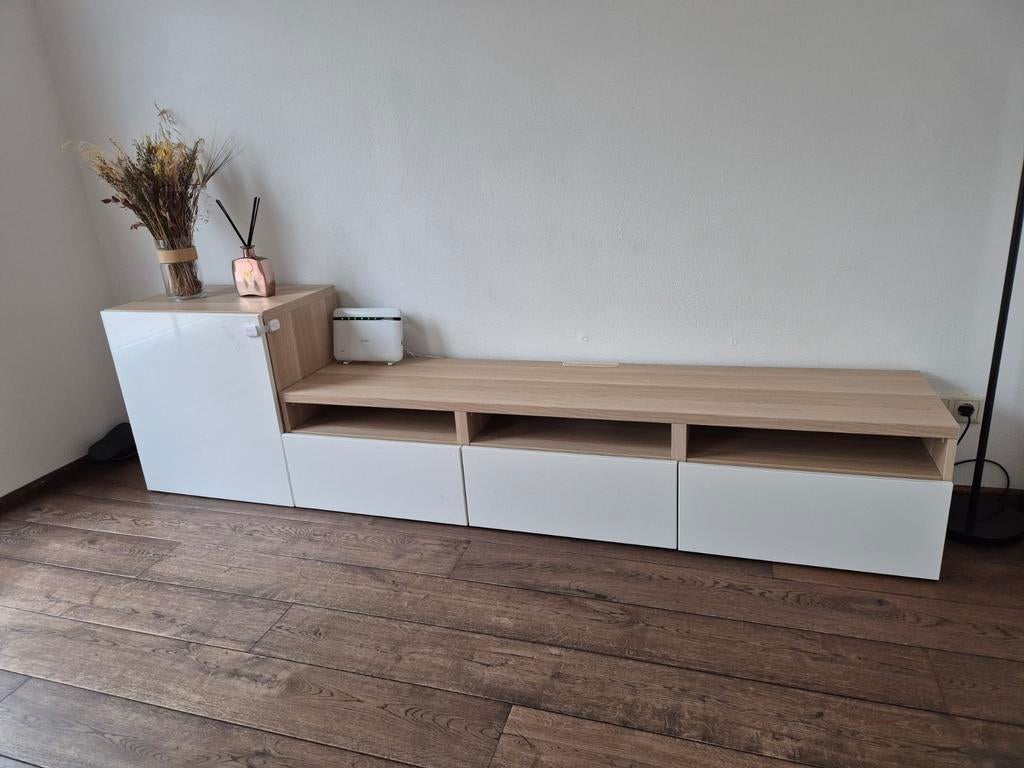 TV-meubel met opbergruimte - Wit en Hout, Huis en Inrichting, Ophalen, Gebruikt, Modern, Scandinavisch, 200 cm of meer