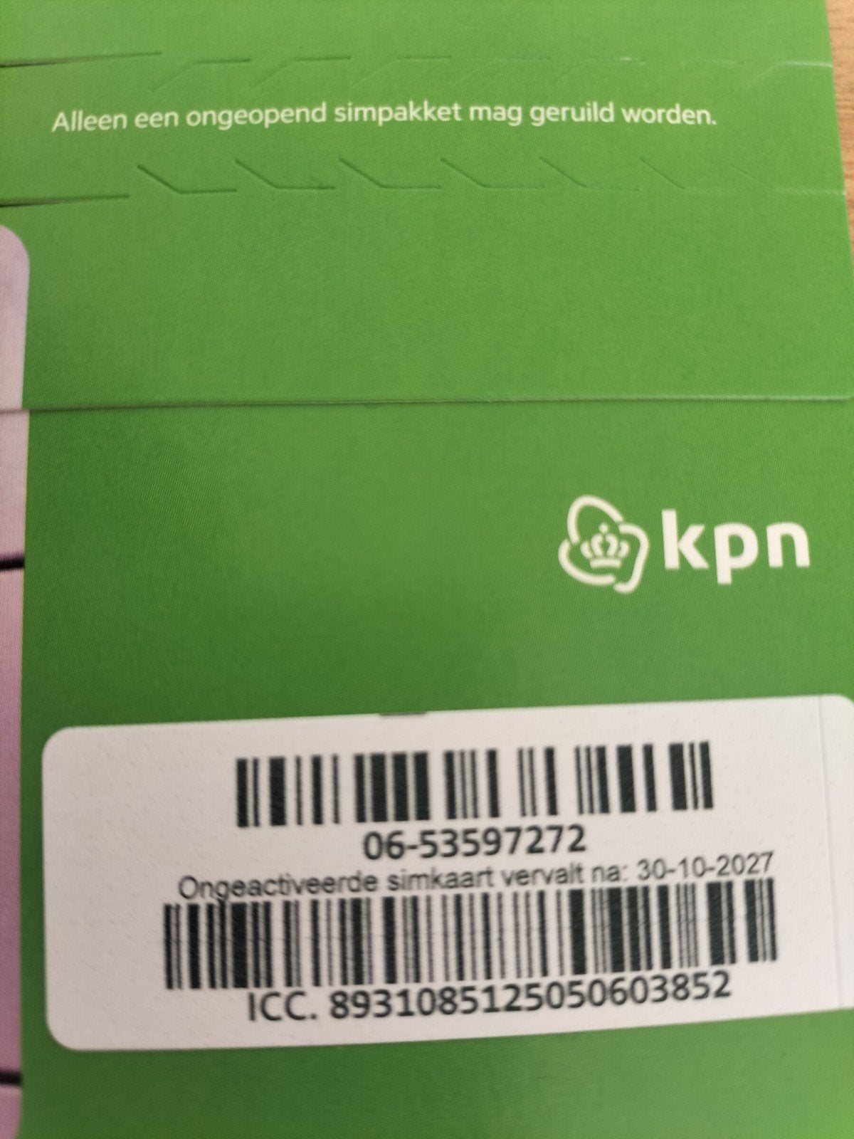 KPN Simkaart - Ongeactiveerd en Geldig tot 2027 - 0653597272, Ophalen, Nieuw, KPN, Simkaart