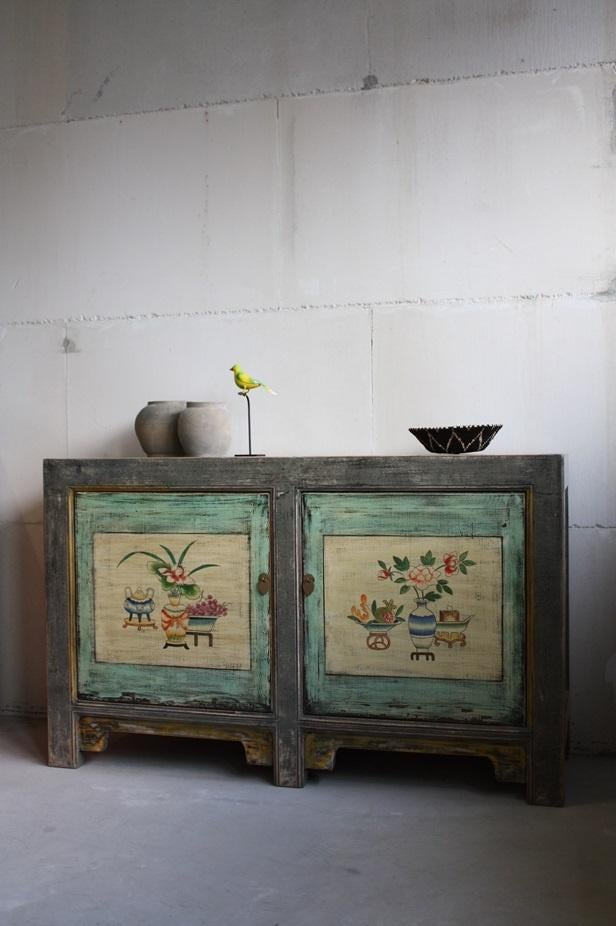Aziatische Kleurrijke Beschilderde Kast Chinees Dressoir, Met deur(en), 100 tot 150 cm, Nieuw, Grenenhout