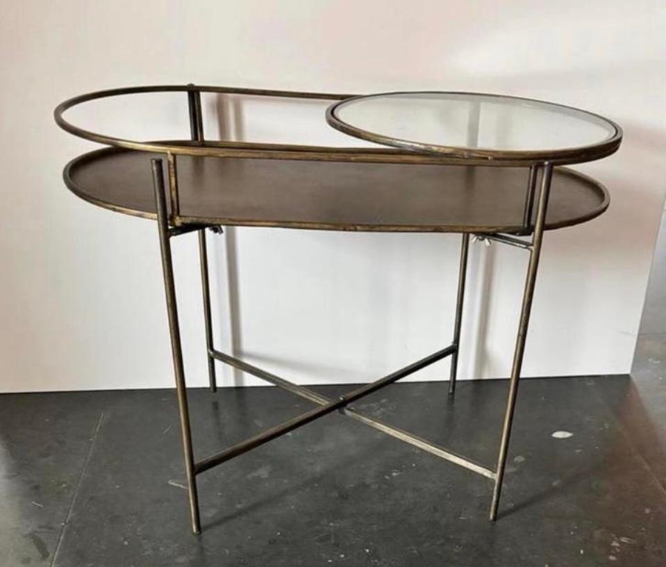 Bronzen bijzettafel met glasplaat - 65x45 cm, Huis en Inrichting, Tafels | Bijzettafels, Metaal of Aluminium, 55 tot 75 cm, Zo goed als nieuw