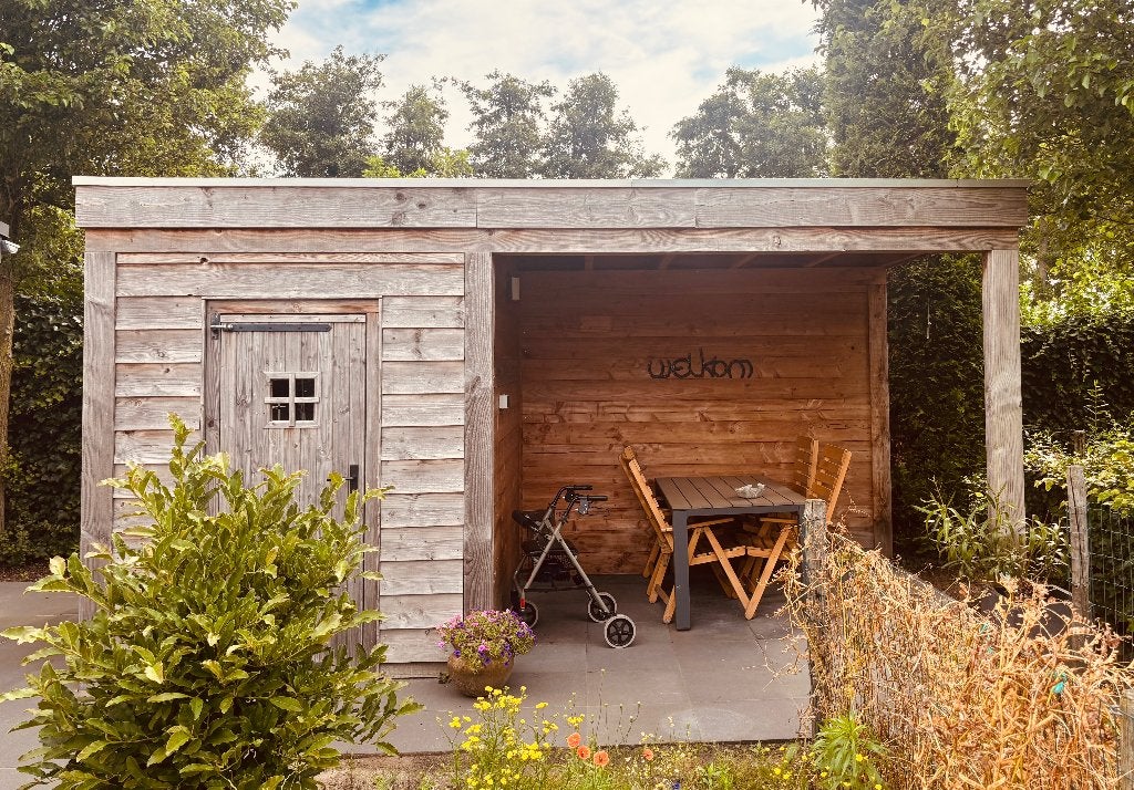 Douglas Tuinschuur met Overkapping (5mx 2,5m x 2,65h), Tuin en Terras, Tuinhuizen, Ophalen, 200 tot 400 cm, Tuinhuis, Zo goed als nieuw