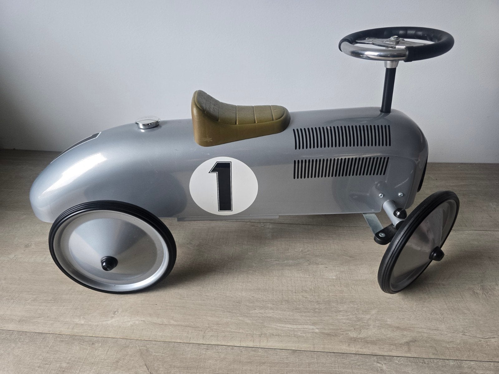 Retro loopauto zilver - Vintage raceauto voor kinderen, Ophalen, Gebruikt, Loopvoertuig