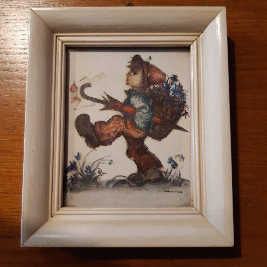 Vintage Prent M.I. Hummel: Jongen met paraplu, houten lijst, Gebruikt, Ophalen of Verzenden, 1940 tot 1960, Prent