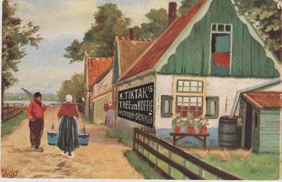 Getekend jaren 50 J. Oudes reclame Tik Tak's thee en koffie, Verzamelen, Verzenden, Voor 1920, Ongelopen, Overige thema's