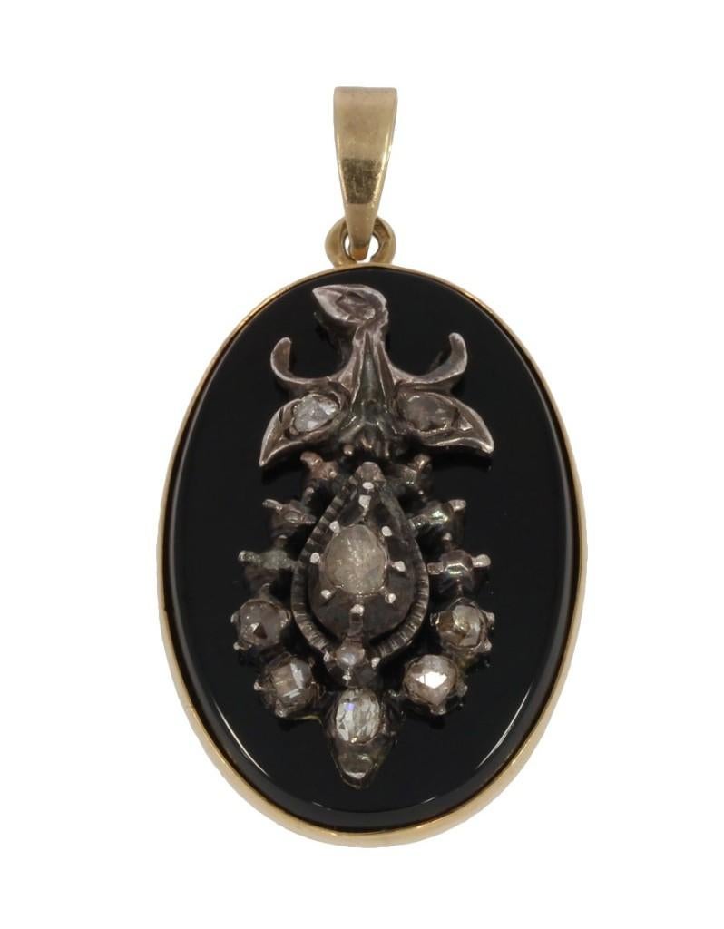 Diamanten onyx antiek 14k gouden medaillon hanger ketting, Verzenden, Goud, Hanger, Met edelsteen