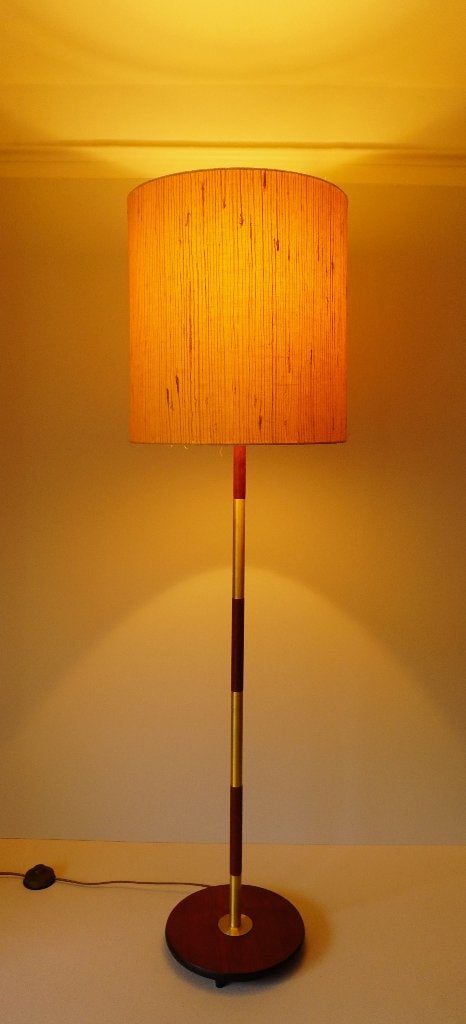 Deens design jaren70 vloerlamp teak messing raffia, Ophalen, Gebruikt, Hout, 150 tot 200 cm