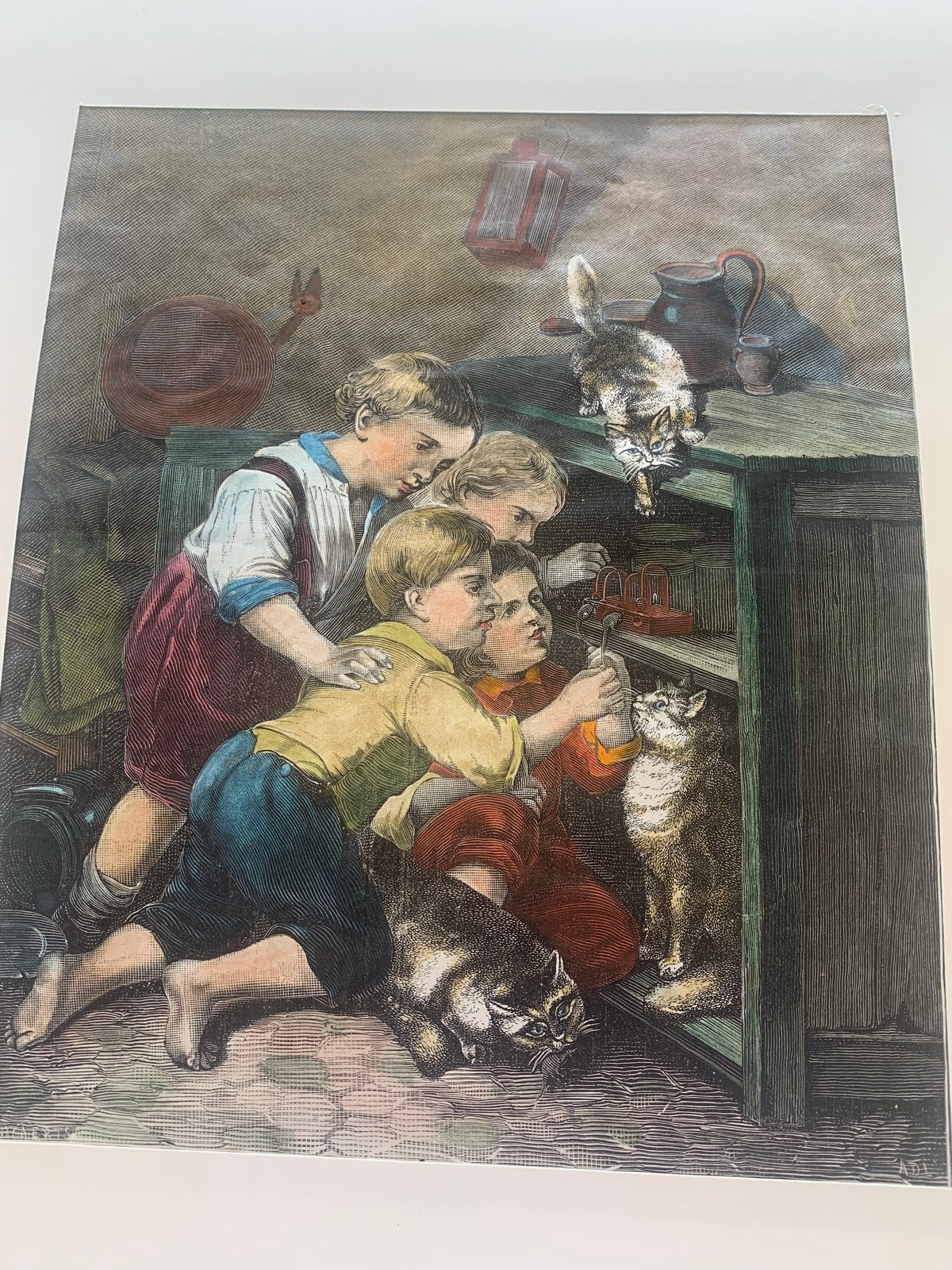 Antieke Gravure: Spelende Kinderen met Katten (20x24cm), Dagelijks leven, 1800 - 1899, Ophalen of Verzenden, Gravure