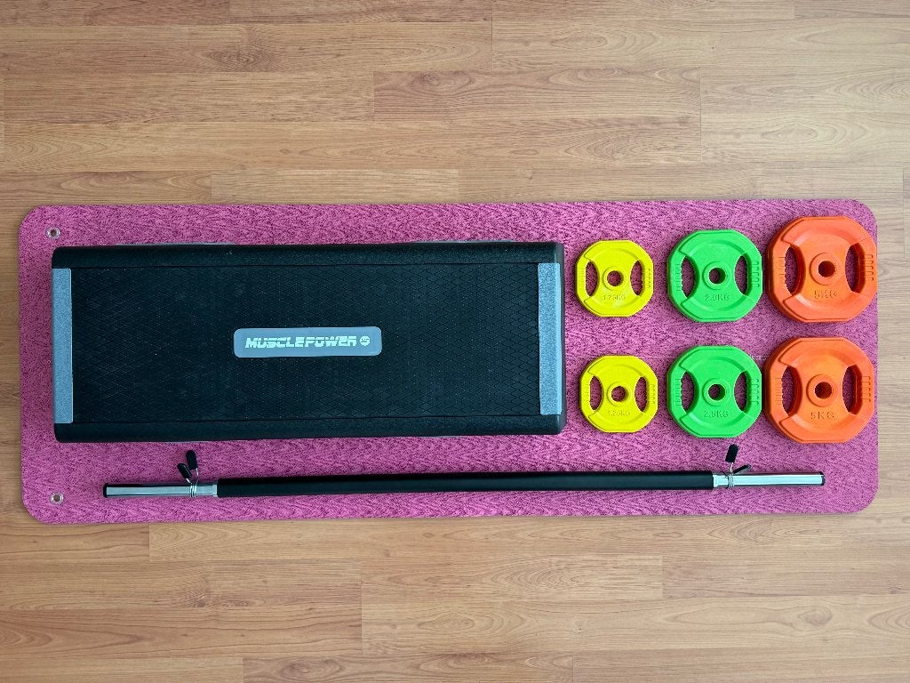 Aerobic Pump Gewichtenset 20KG + Step + Mat, Sport en Fitness, Fitnessmaterialen, Ophalen, Gebruikt, Benen, Stepbank