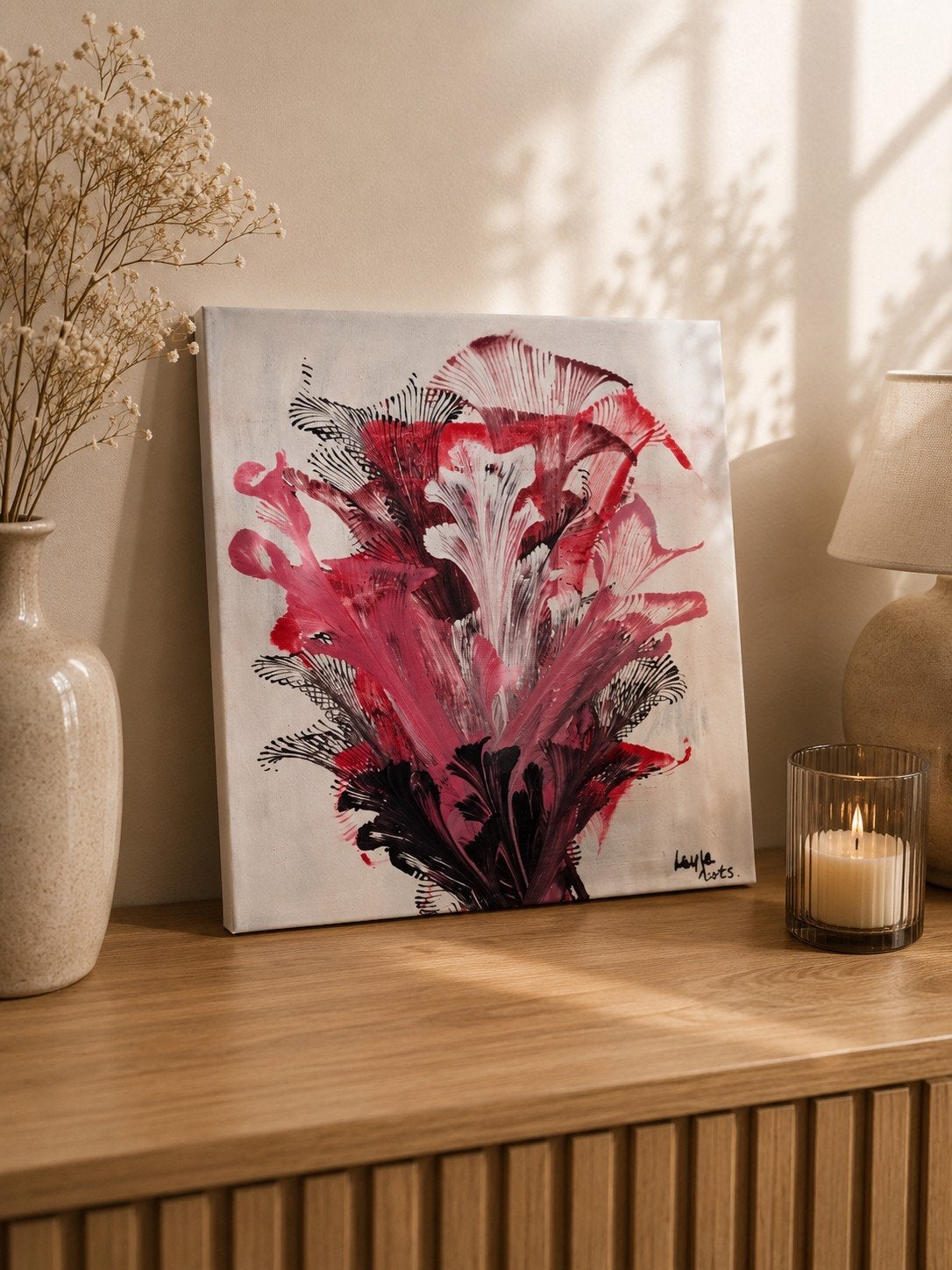 Abstract Bloemen Schilderij - Rood, Roze & Zwart (24x30cm), Ophalen of Verzenden