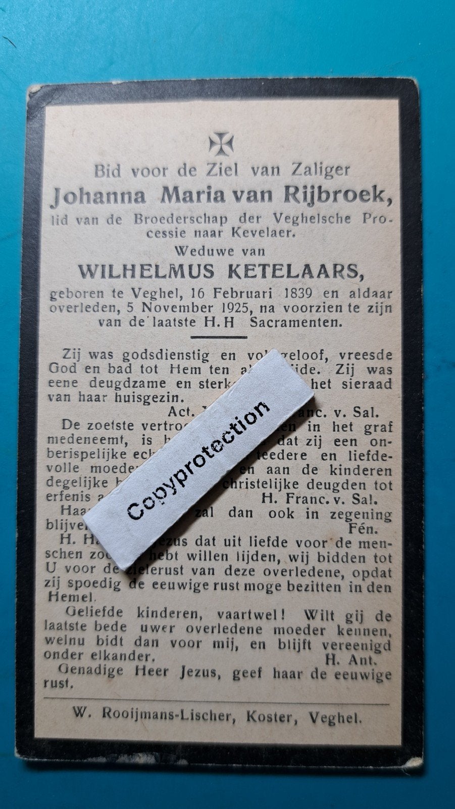 Johanna Maria van Rijbroek, Veghel 1839 - 1925, Verzenden, Bidprentje