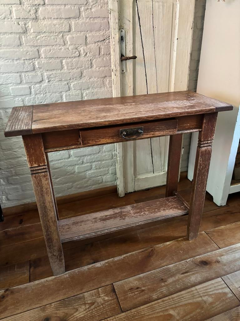Brocante  sidetable smalle tafel werkbank, Ophalen, Gebruikt, 100 tot 150 cm, 25 tot 50 cm