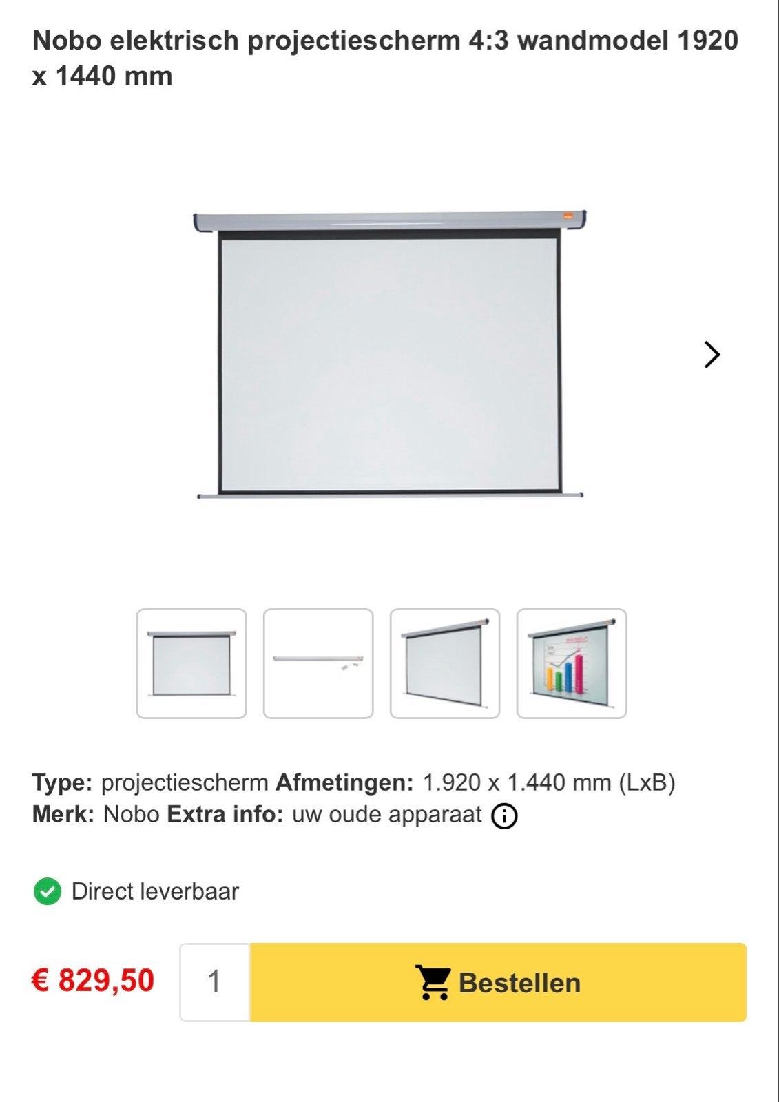 Nobo Elektrisch Projectiescherm 1920x1440mm, Ophalen, Elektrisch, Gebruikt