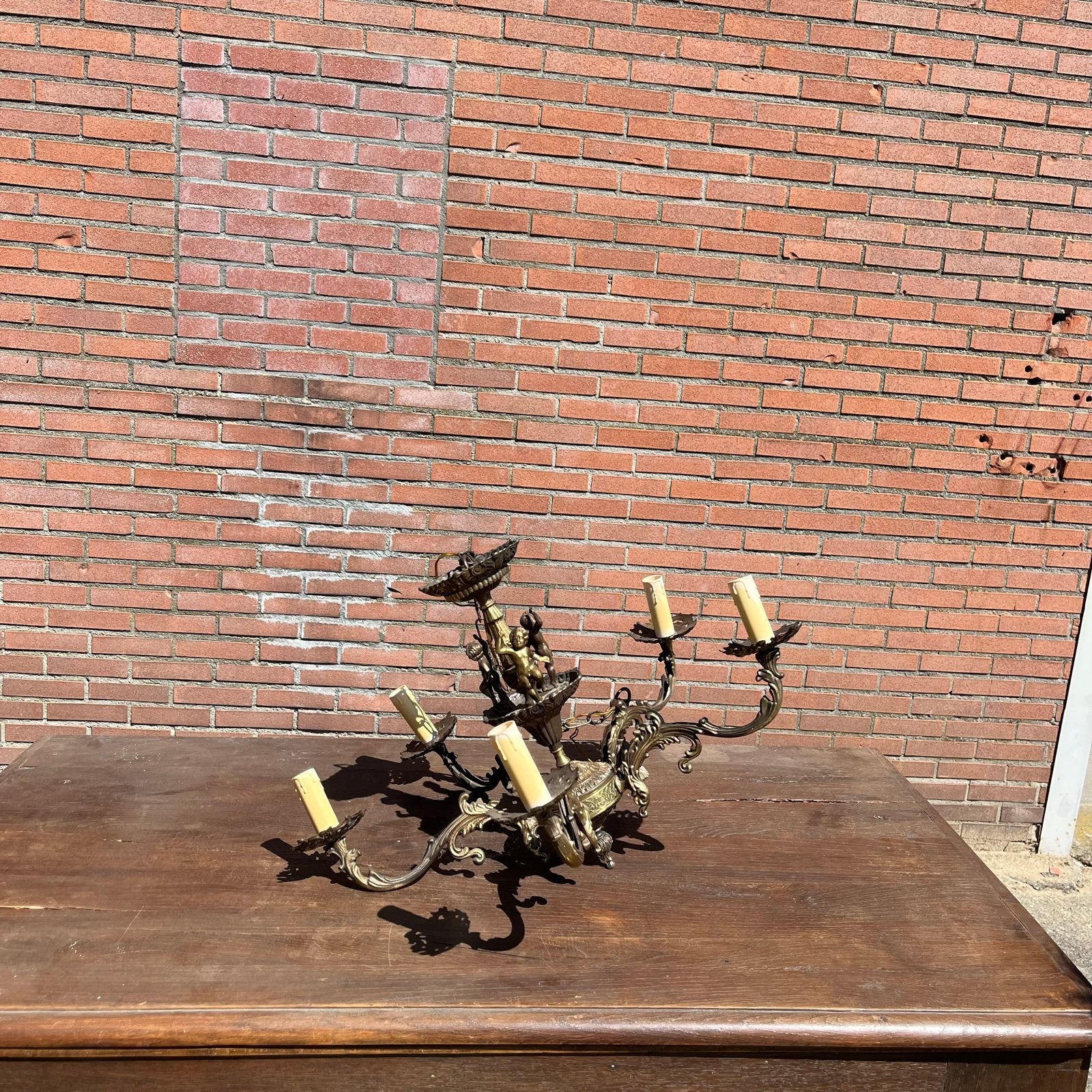 Antieke bronzen kroonluchter met 6 armen, Ophalen of Verzenden