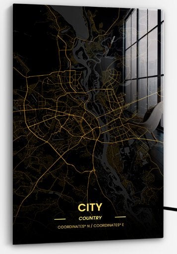 Glasschilderij Custom Golden City Map 80x120 met lijst, Ophangklaar, Glas, Ophalen of Verzenden, Print