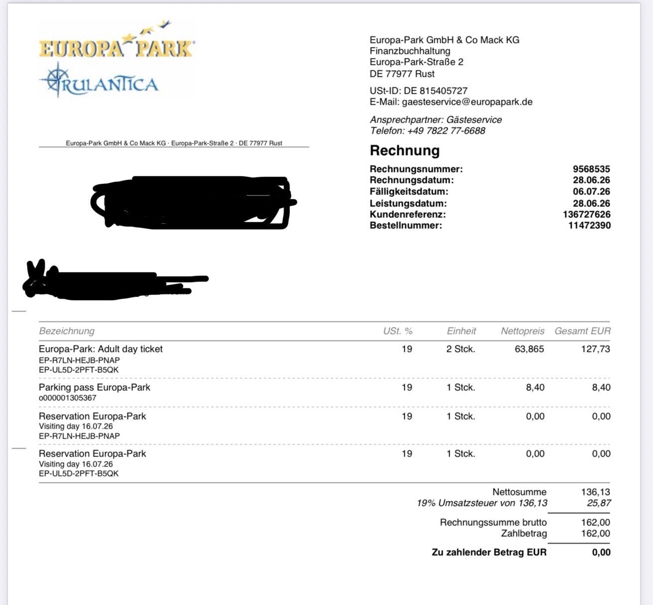 Te koop: Euro Park-ticket voor 16 juli (2 personnen), Twee personen, Ticket of Toegangskaart