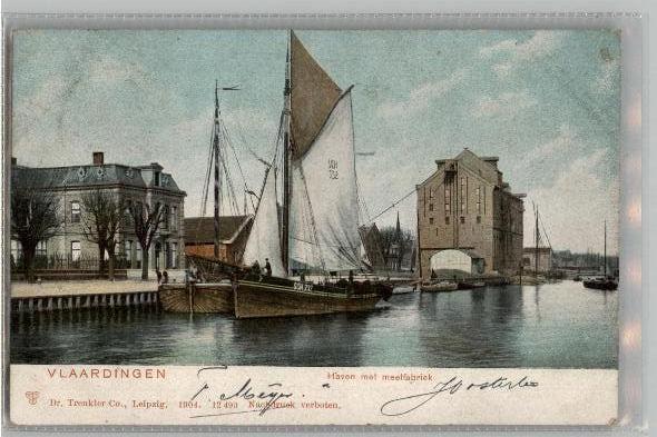 Vlaardingen Haven + meelfabriek en zeilschip st 1904, Verzamelen, Verzenden, Voor 1920, Gelopen, Zuid-Holland