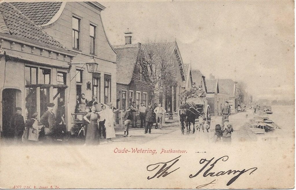 Oude Wetering (Z.H.) Postkantoor, veel Volk, gelopen 1903, Ophalen of Verzenden, Voor 1920, Gelopen, Zuid-Holland