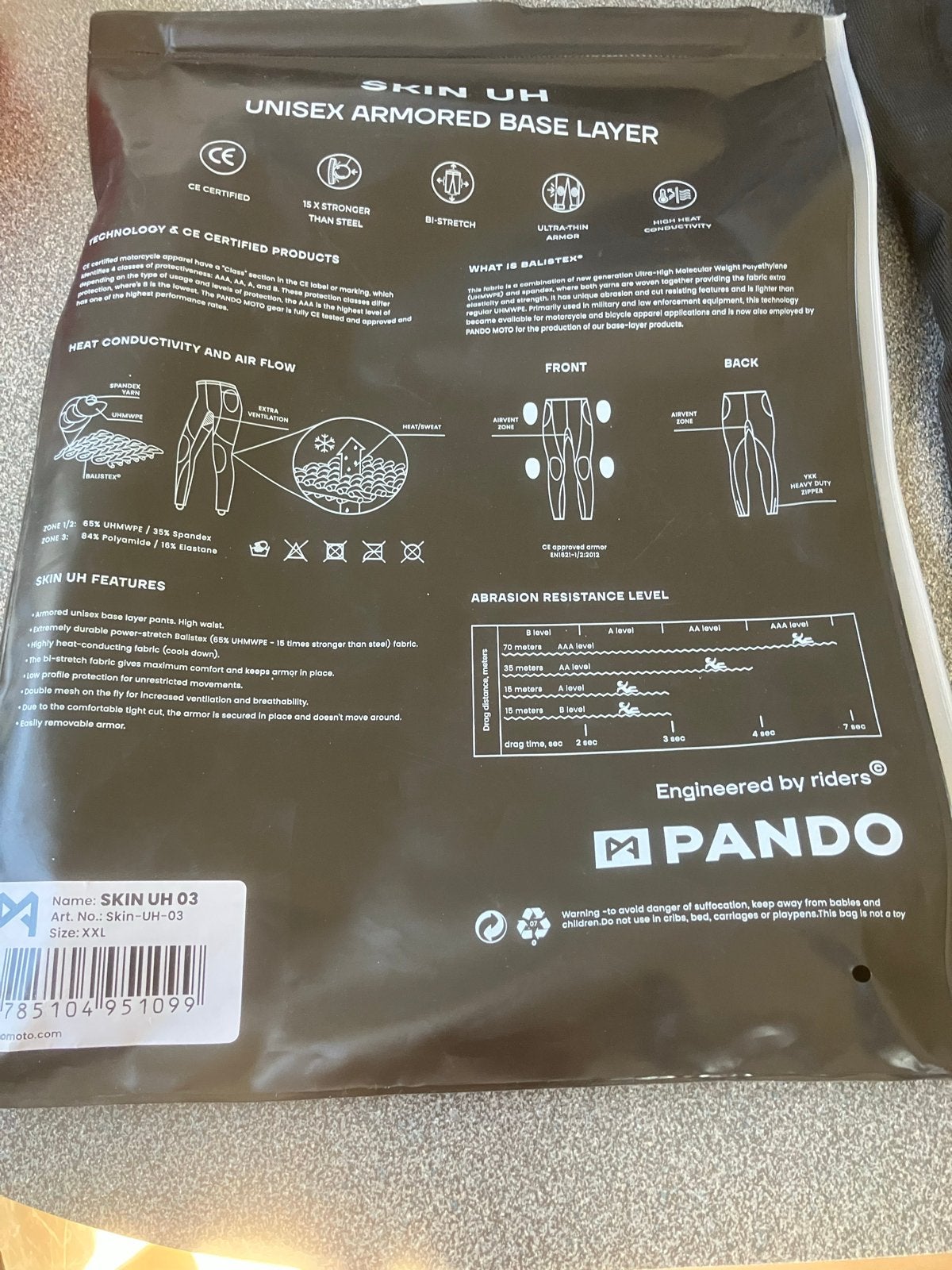 Pando Moto SKIN UH 03 Unisex Armored Base Layer XXL, Ophalen, Nieuw zonder kaartje, Dames, Broek | textiel