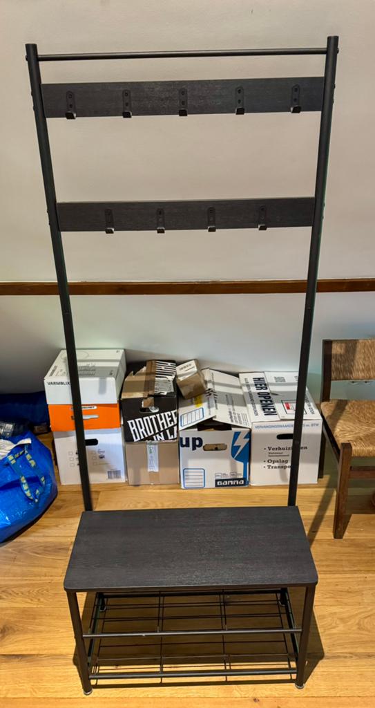 Zwarte kapstok met bankje en schoenenrek – 70 x 30 x 117 cm, Ophalen, Zo goed als nieuw