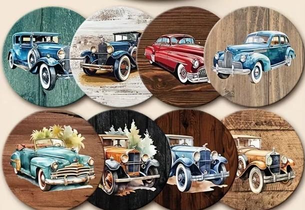8 houten onderzetter met afbeeldingen van oldtimers., Verzenden, Nieuw, Auto's