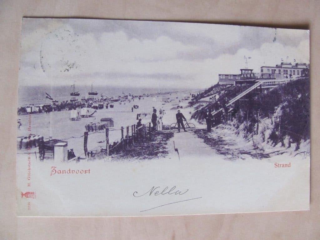 Zandvoort 1901 vroege 'lila kaart'strand met fietser, Ophalen of Verzenden, Voor 1920, Gelopen, Noord-Holland
