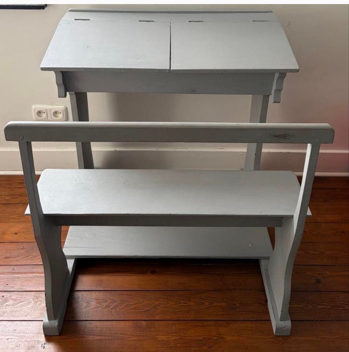 Vintage schoolbankje voor 2 kinderen - Grijs geverfd, Ophalen, Gebruikt, Tafel(s) en Stoel(en)
