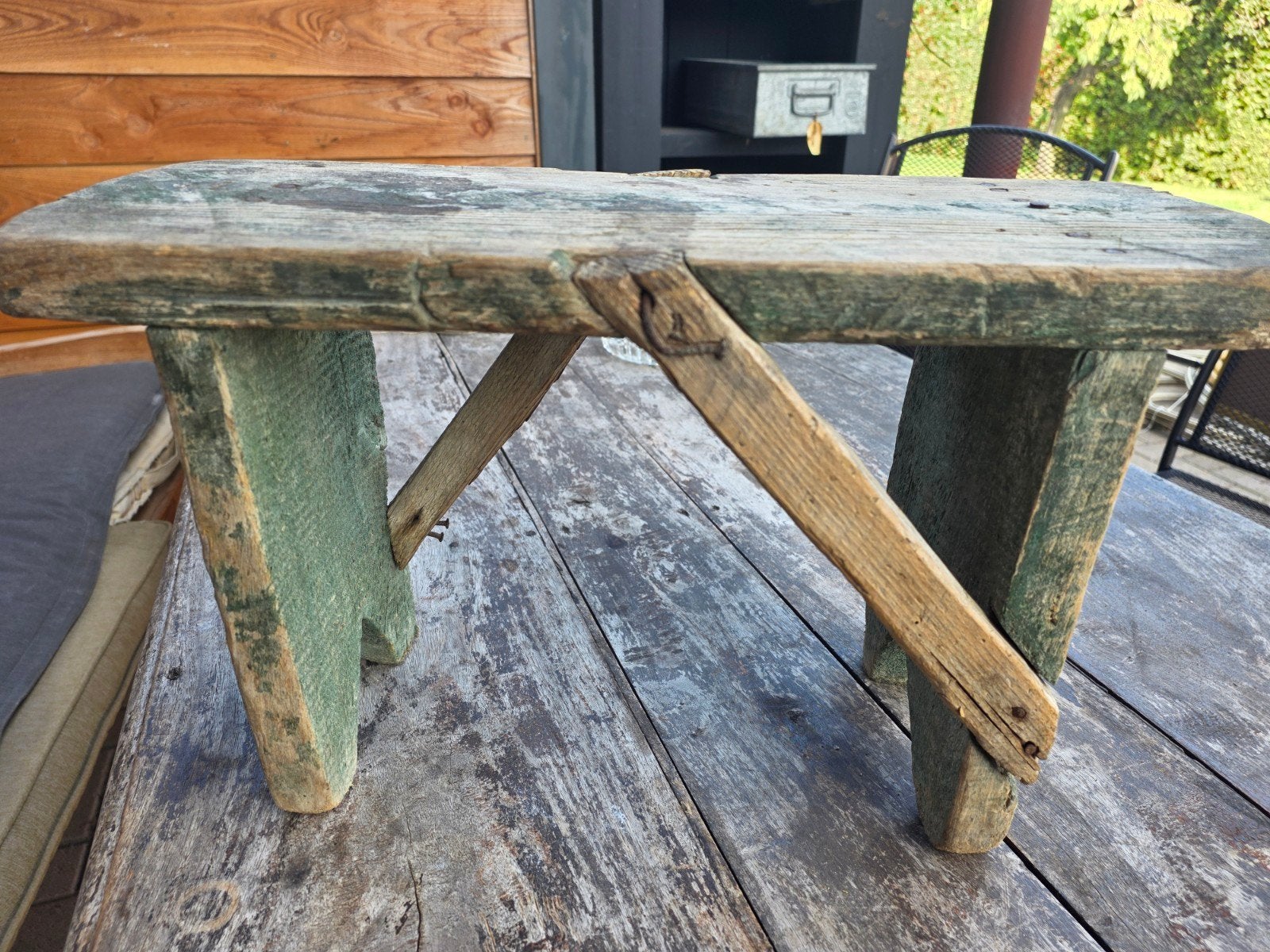 stoere brocante landelijke kruk / bankje, Tuin en Terras, Ophalen of Verzenden, Rechthoekig, Hout