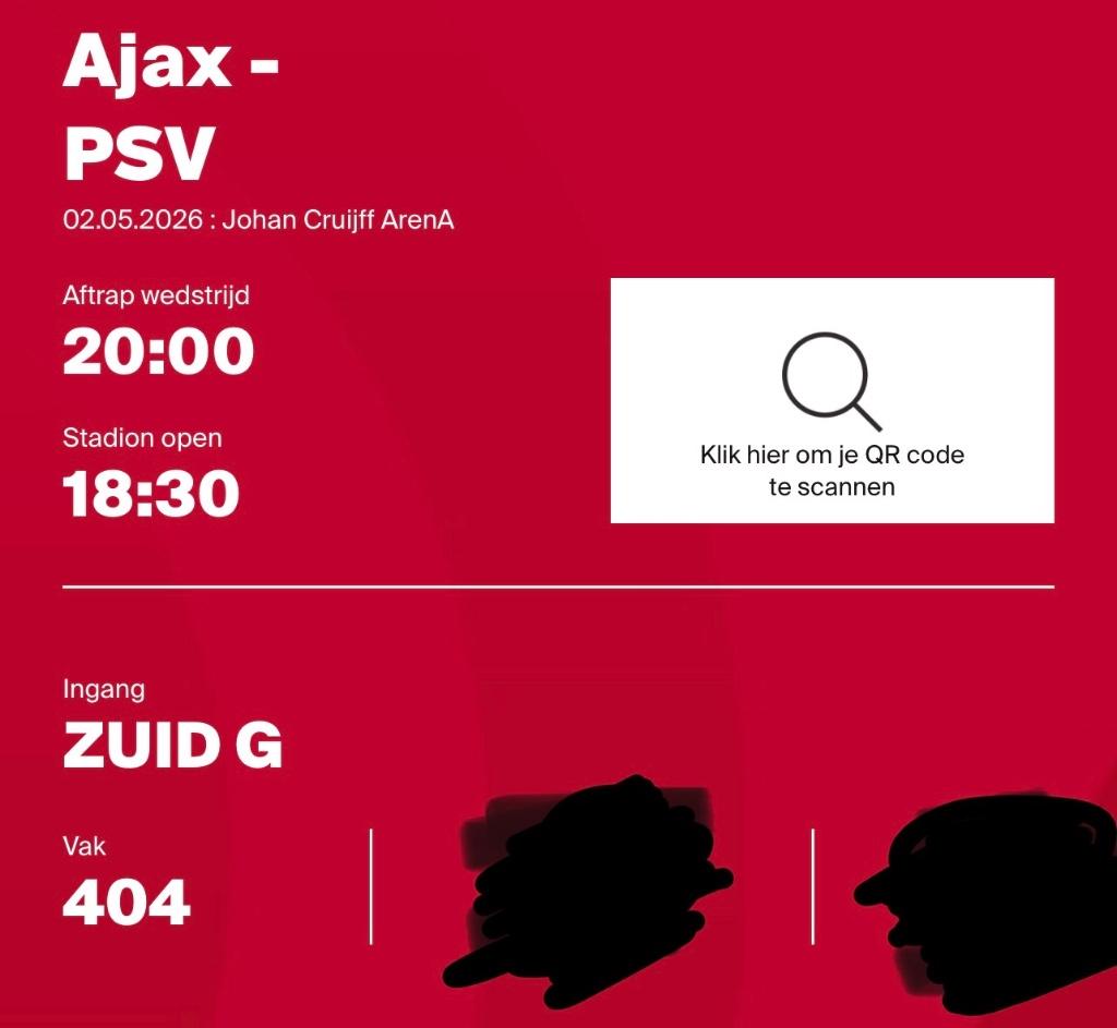 Kaartje Ajax - PSV vak 404, Tickets en Kaartjes, Losse kaart, Eén persoon, Mei