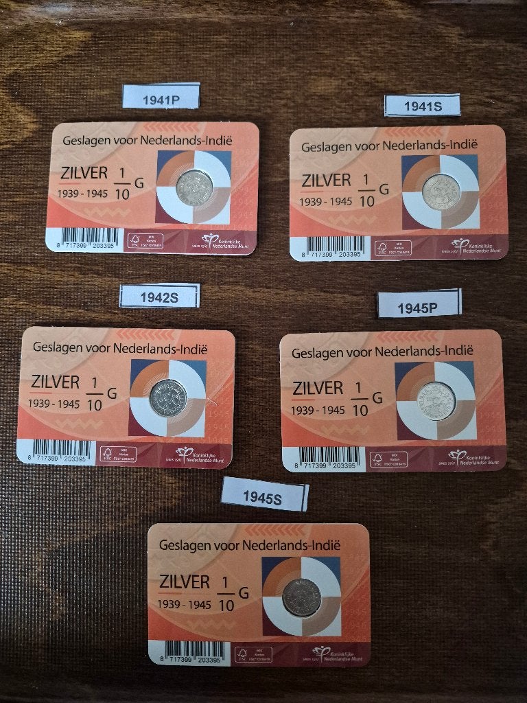 2025 Coincard Laatste 1/10 gulden Nederlands-Indië (5 stuks), Ophalen of Verzenden, Koningin Wilhelmina, 10 cent, Setje