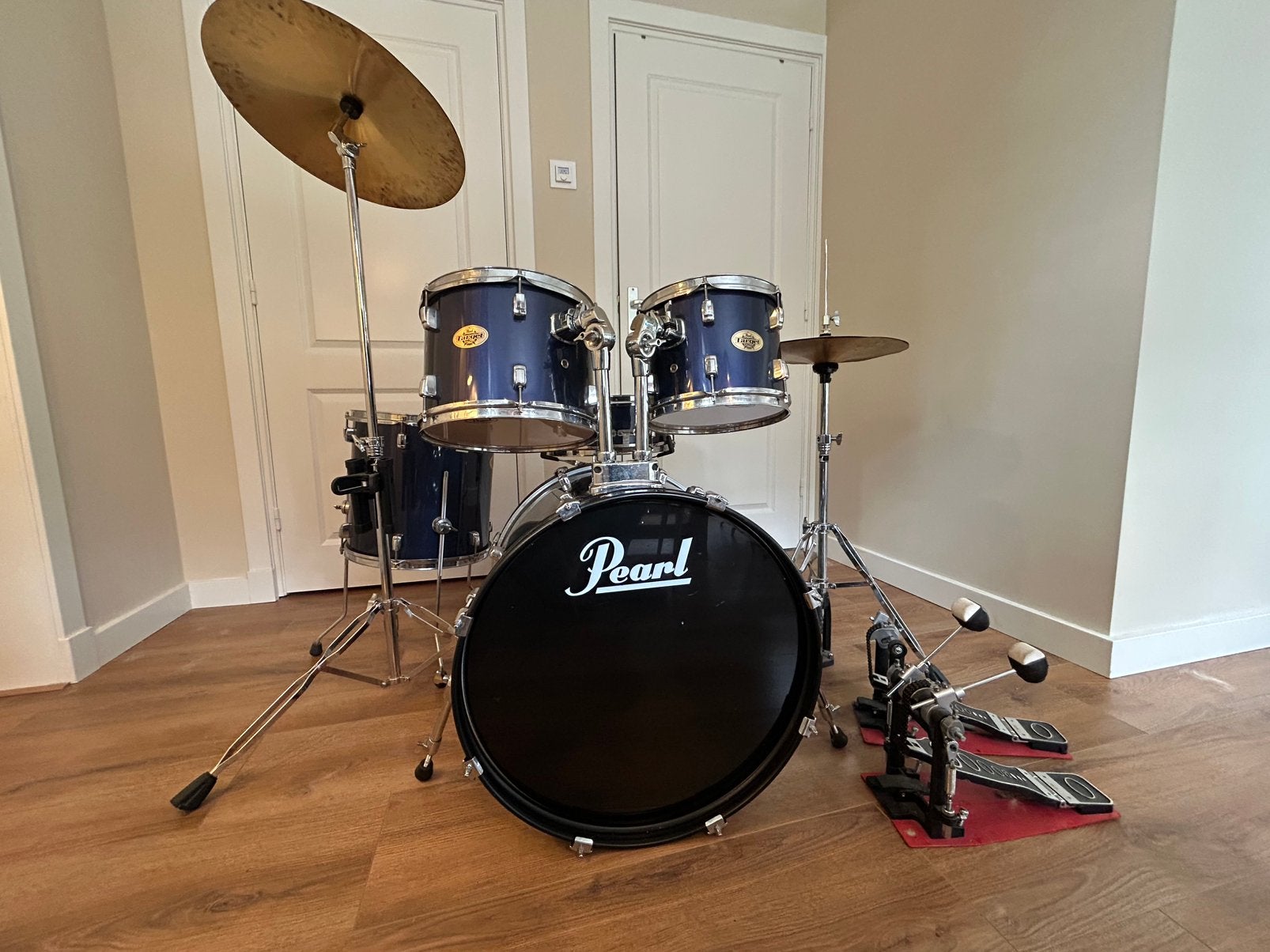 Compleet drumstel Pearl Target donkerblauw, Muziek en Instrumenten, Drumstellen en Slagwerk, Ophalen, Gebruikt, Pearl