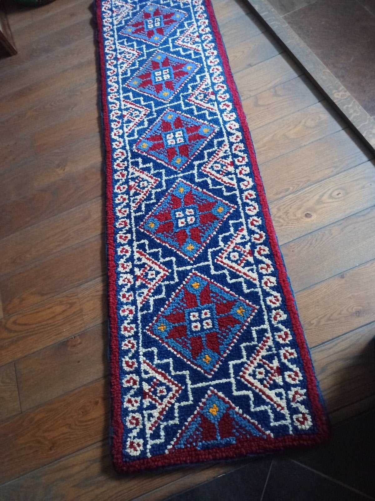 Handgemaakte Loper met Traditioneel Patroon, Blauw, Gebruikt, 150 tot 200 cm, Rechthoekig