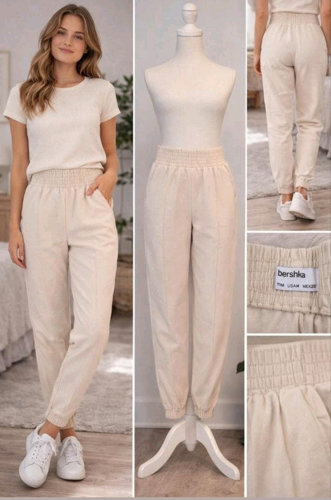 Bershka crème jogger broek – maat S (USAM) – elastische tail, Kleding | Dames, Maat 38/40 (M), Beige, Zo goed als nieuw, Lang