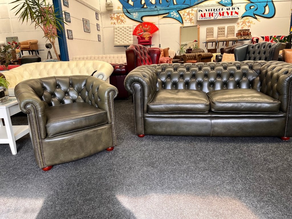 Chesterfield Maarssen ! Groen Leren Chesterfield Bank + Club, Ophalen