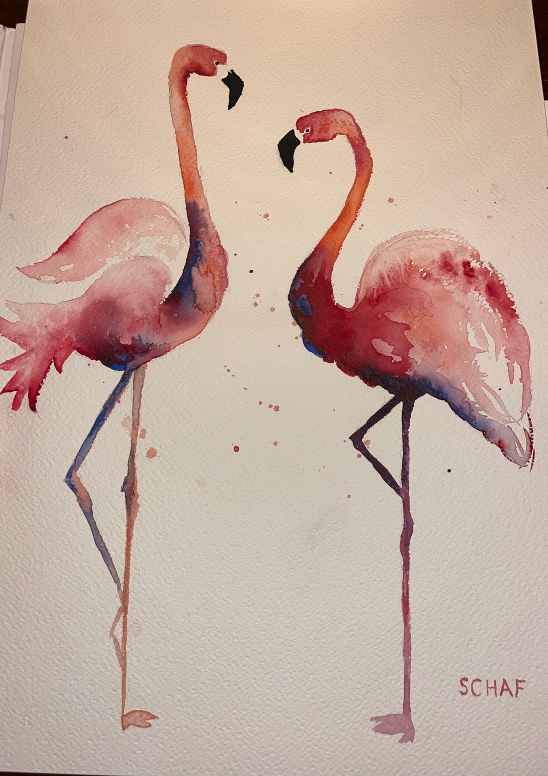 Aquarel schilderij: Twee prachtige flamingo's, Aquarel, Handgeschilderd, Papier/karton, Ophalen of Verzenden