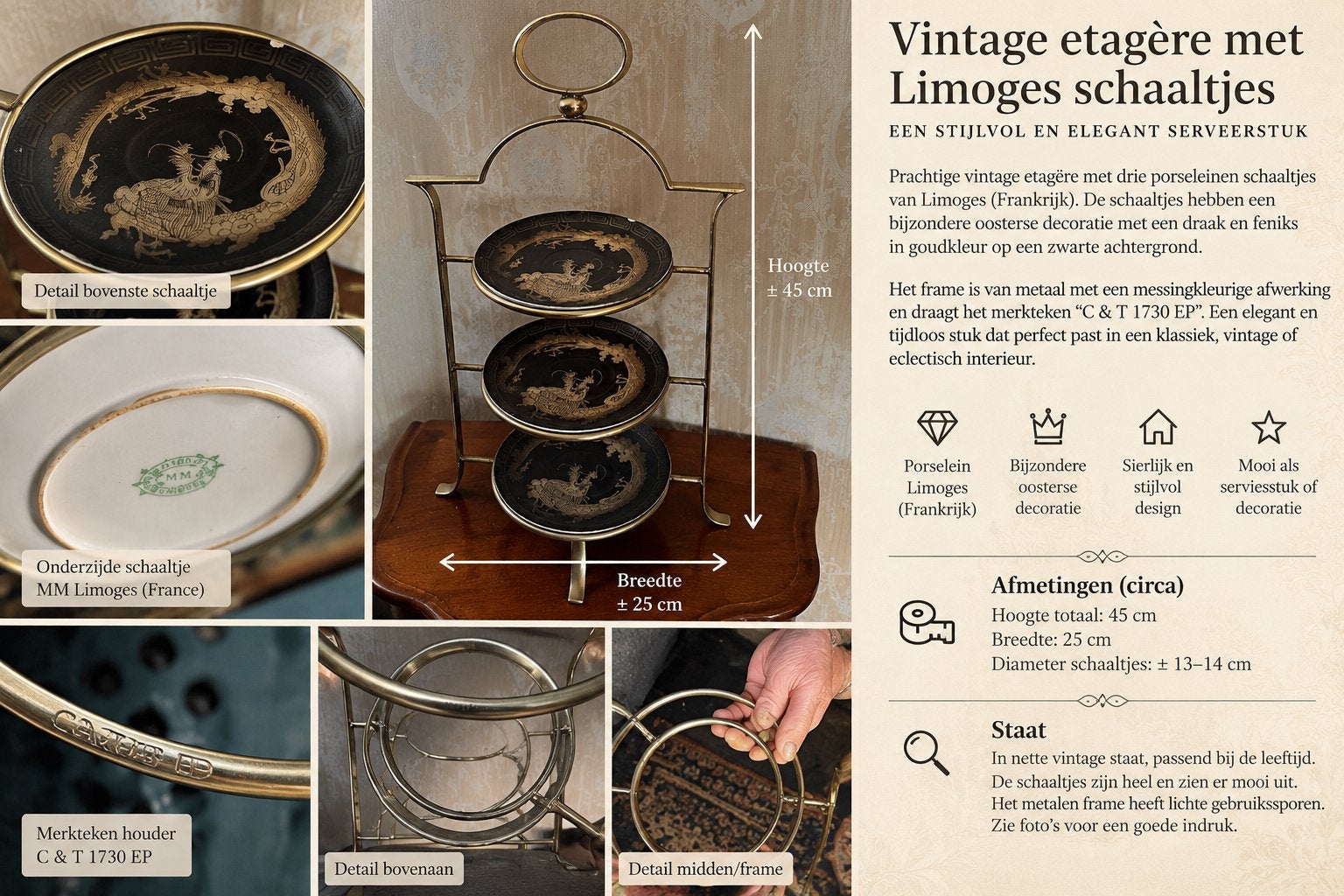 Vintage etagère met Limoges porselein, Oosterse decoraties, Antiek en Kunst, Ophalen of Verzenden