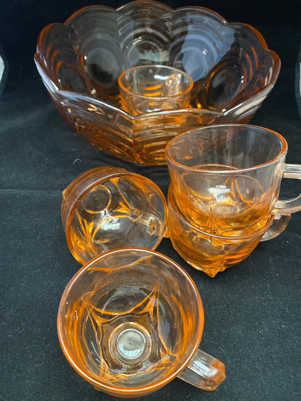 Vintage roze persglazen schaal en kopjes., Ophalen of Verzenden
