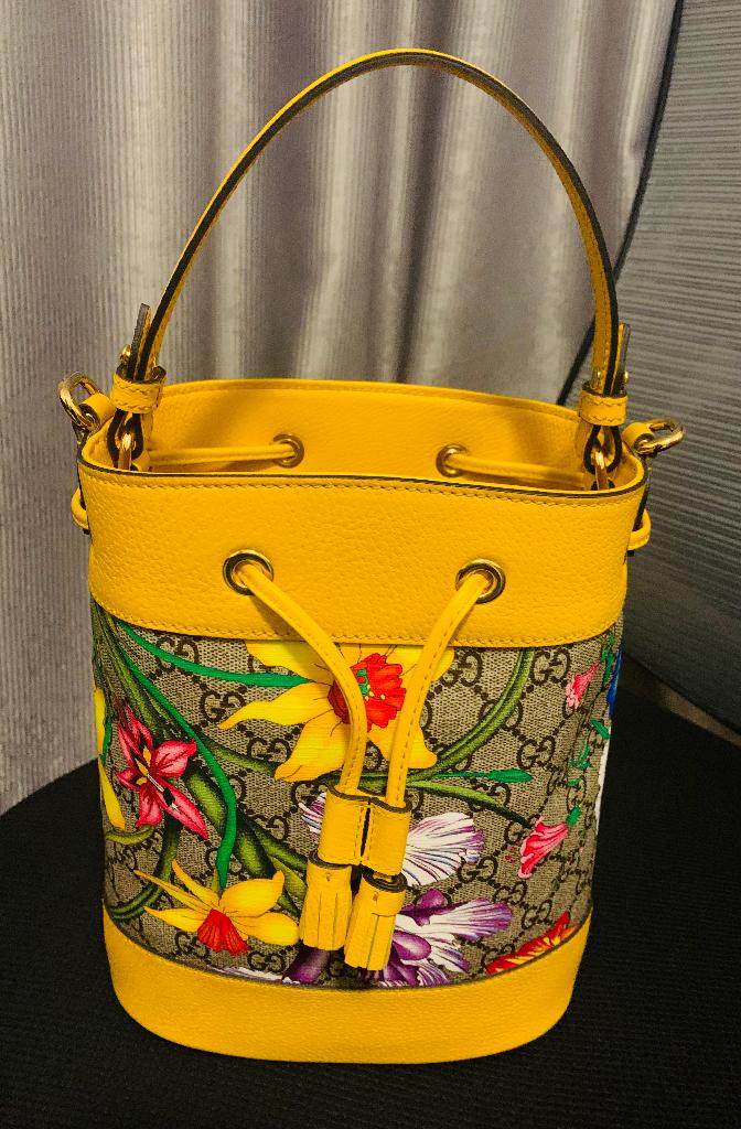 NEW Gucci Ophidia Flora Mini Bucket Bag - Yellow Leather, Sieraden, Tassen en Uiterlijk, Tassen | Damestassen, Nieuw, Handtas