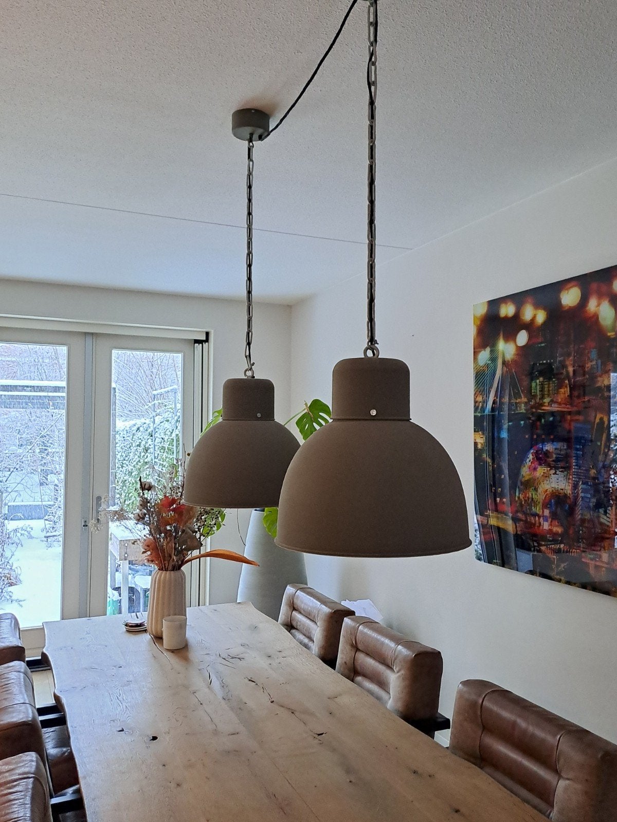 Set van 2 industriële hanglampen, vt wonen soft green, Ophalen, Gebruikt, E27 (groot), Metaal