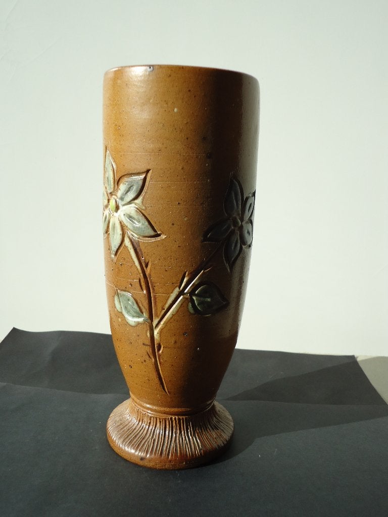 Gesigneerd steengoed vaas W. Biron poterie d'art Châtelet BE, Ophalen of Verzenden