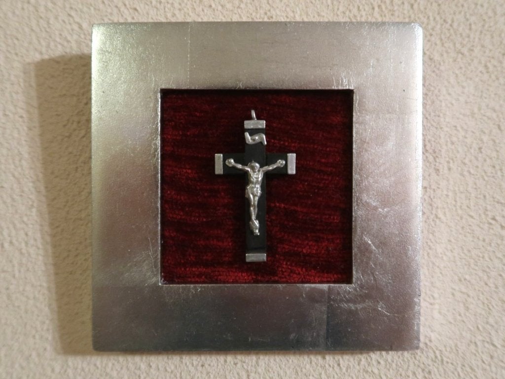 kleine crucifix wanddeco, ingelijst corpus christi hangertje, Verzenden, Zo goed als nieuw, Overige typen, Christendom | Katholiek