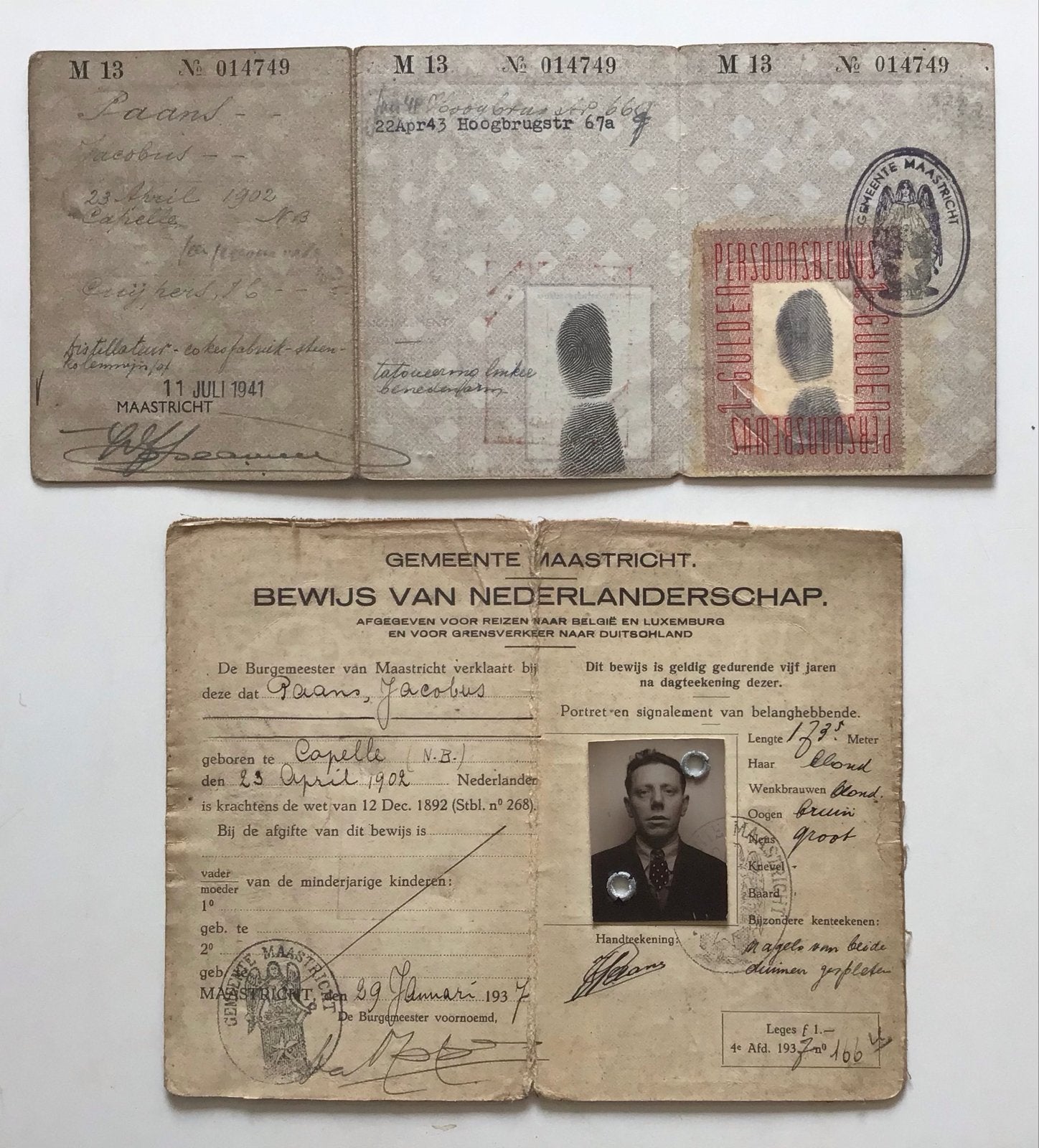Historisch Persoonsbewijs Maastricht 1941 - WOII Document, Ophalen of Verzenden, Nederland