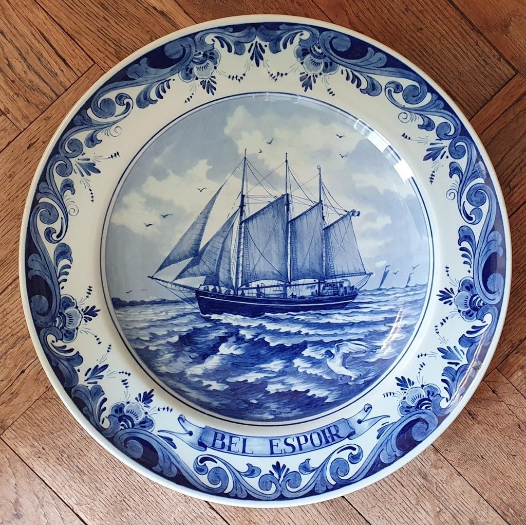 Delfts blauw bord: tallship Bel Espoir, Sail Amsterdam 1980, Verzamelen, Scheepvaart, Ophalen