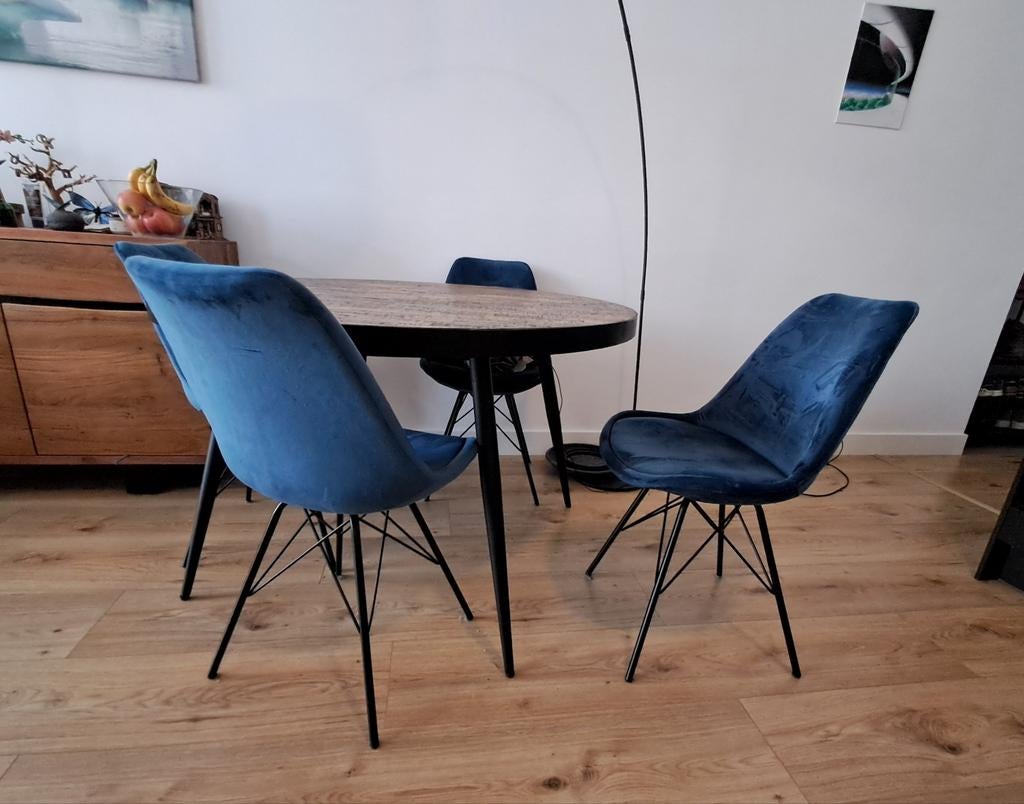 Set van 4 blauwe fluwelen eetkamerstoelen, Ophalen, Gebruikt, Modern, Scandinavisch, Blauw