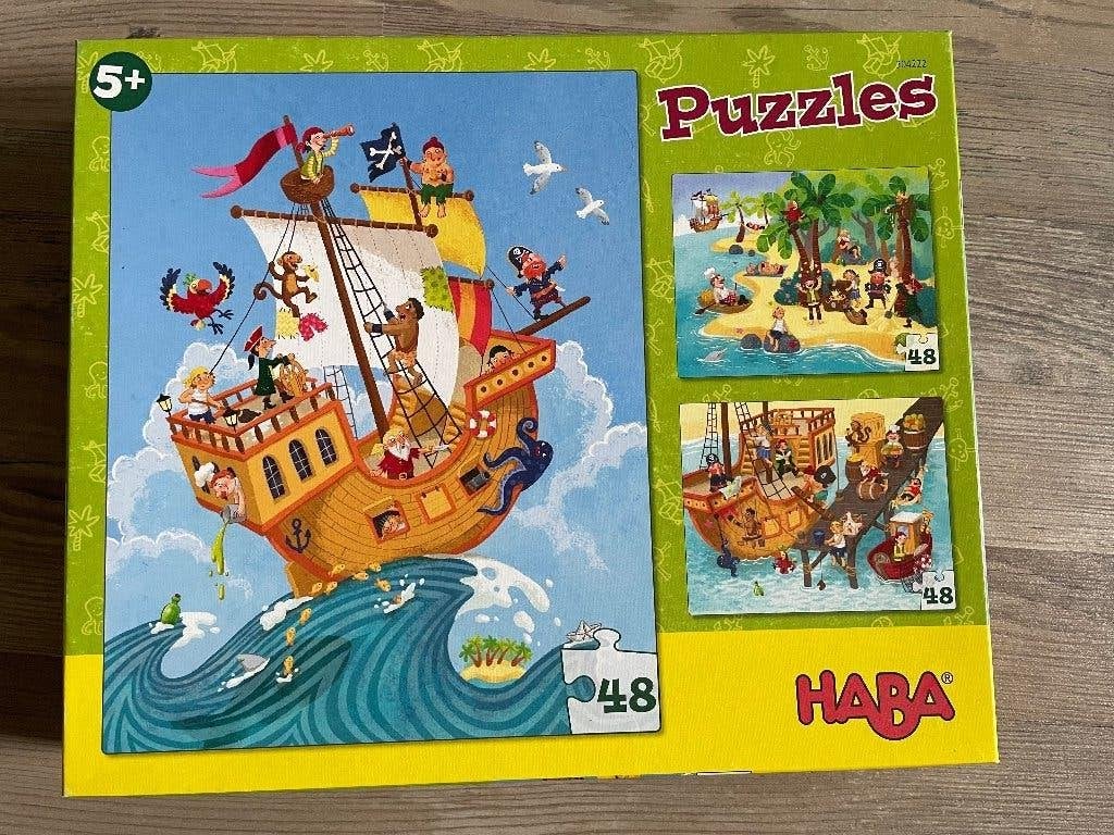 Haba 3 piraten puzzels, Ophalen, 10 tot 50 stukjes, Zo goed als nieuw, 4 tot 6 jaar