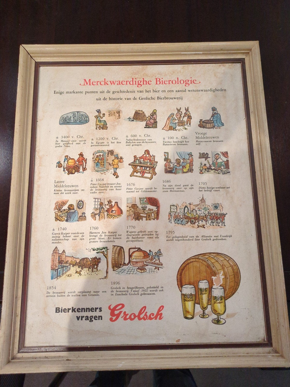 Vintage Grolsch Bierologie Reclamebord - Geschiedenis Bier, Ophalen of Verzenden, Gebruikt, Reclamebord