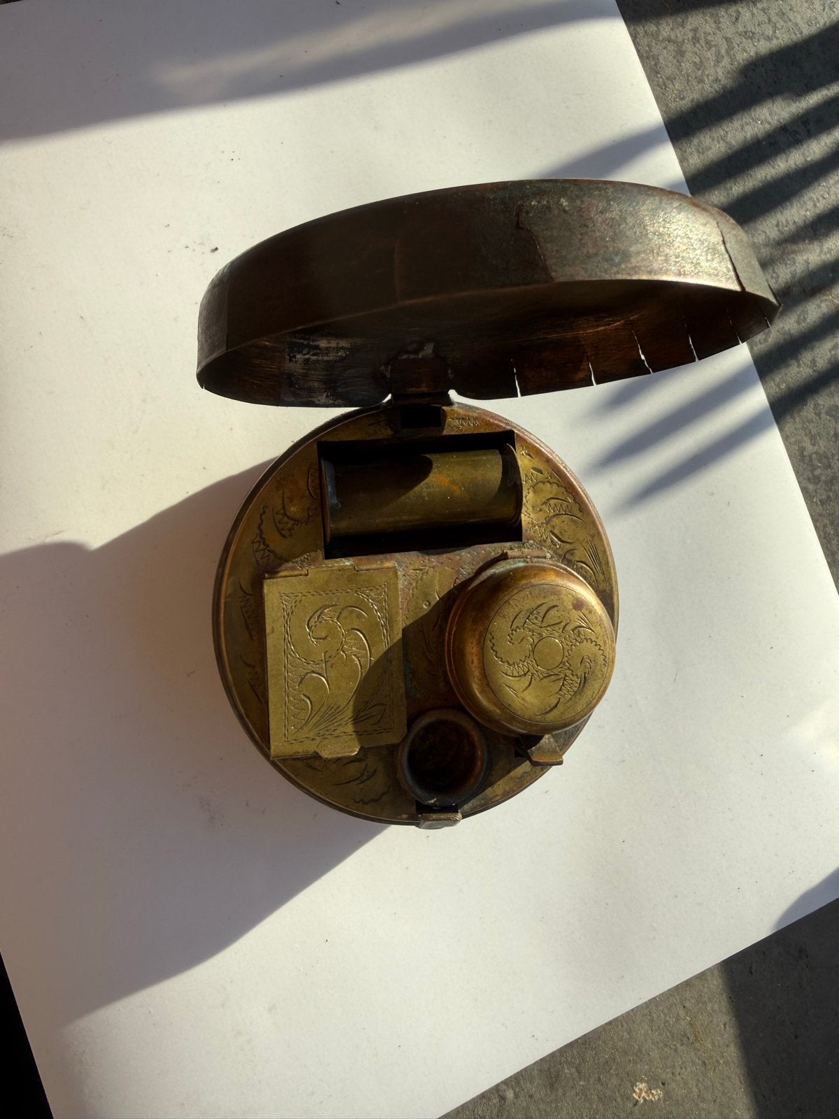 Antieke bronzen inktpot met penhouder en stempeldoos, Antiek en Kunst, Ophalen of Verzenden